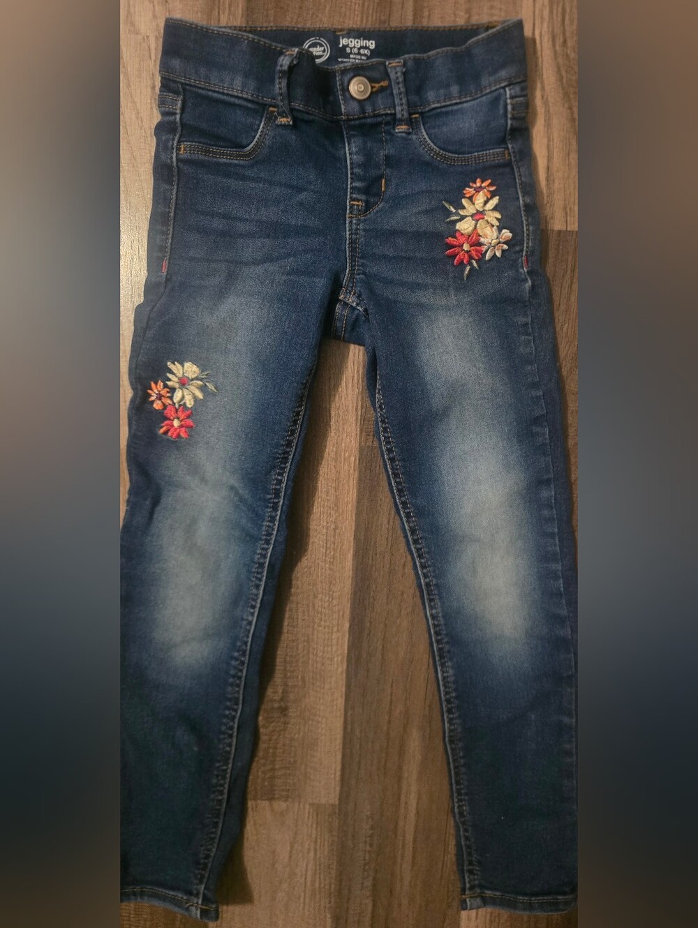 Girls Dark Blue Floral Embroidered Jeggings